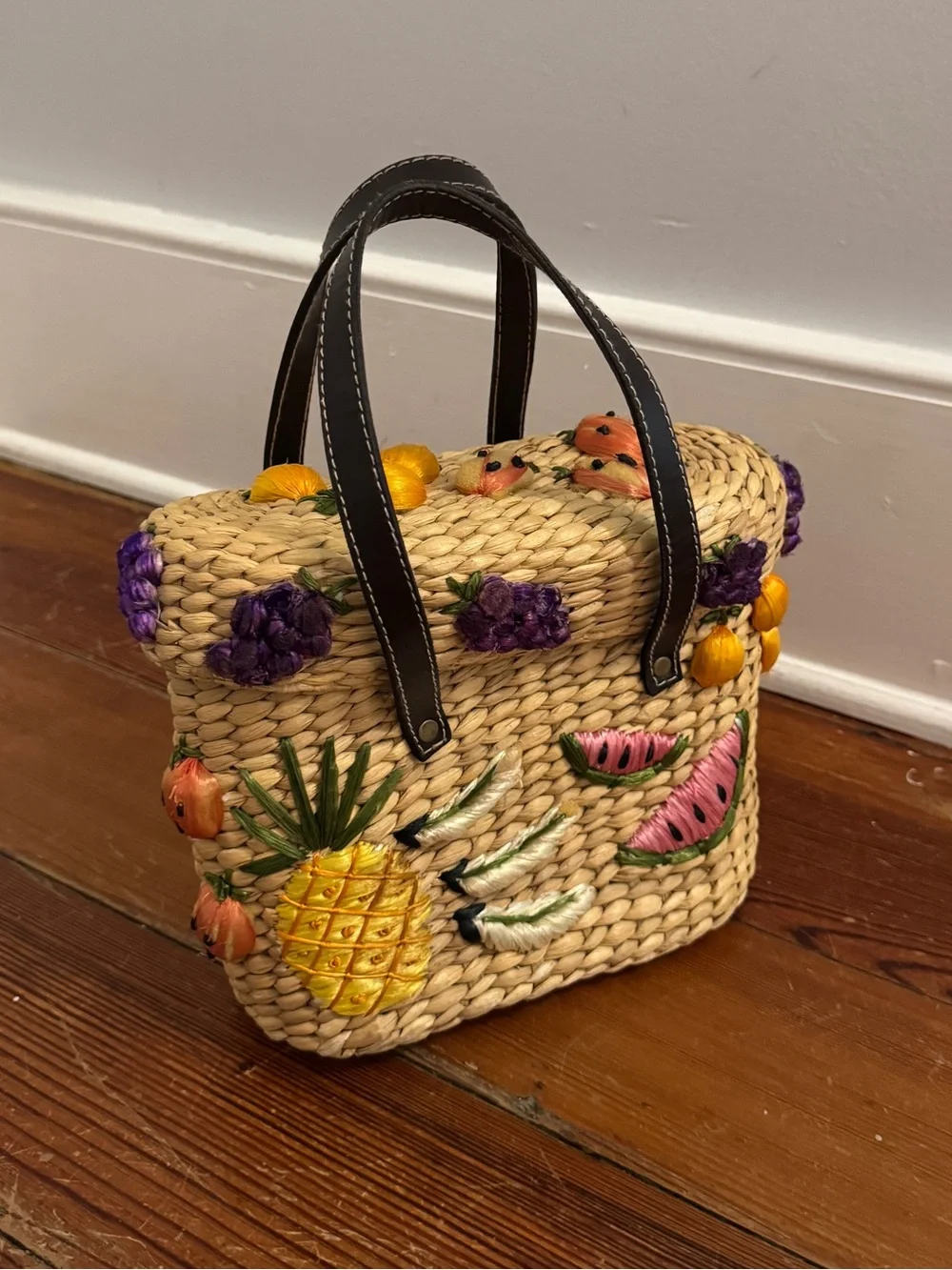 Rafe New York Vintage Straw Braided Basket Bag w/ Embroidered Fruit Square